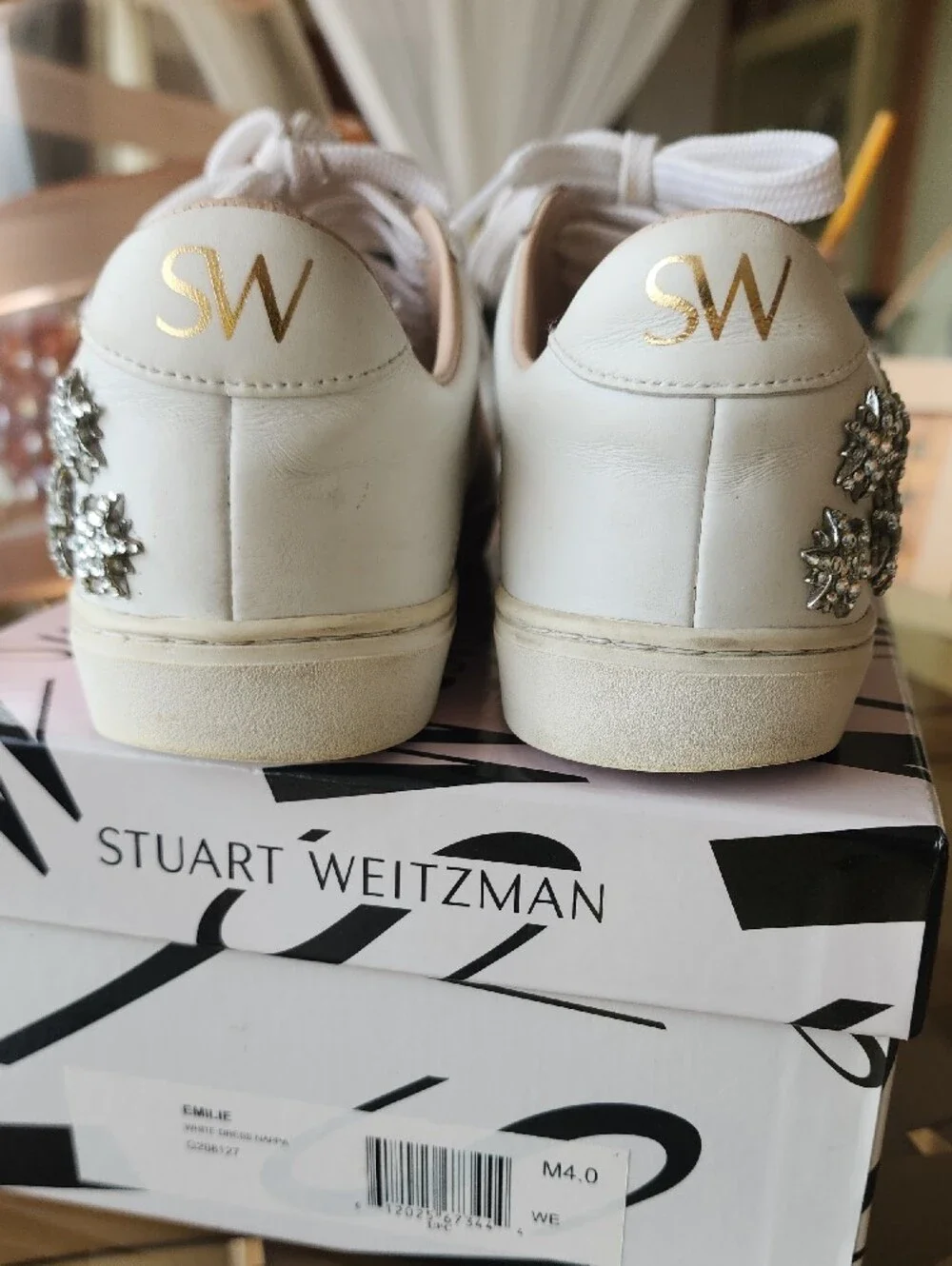 Stuart Weitzman Emilie Size 4 White Dress Nappa Crystal-Embellished Sneakers